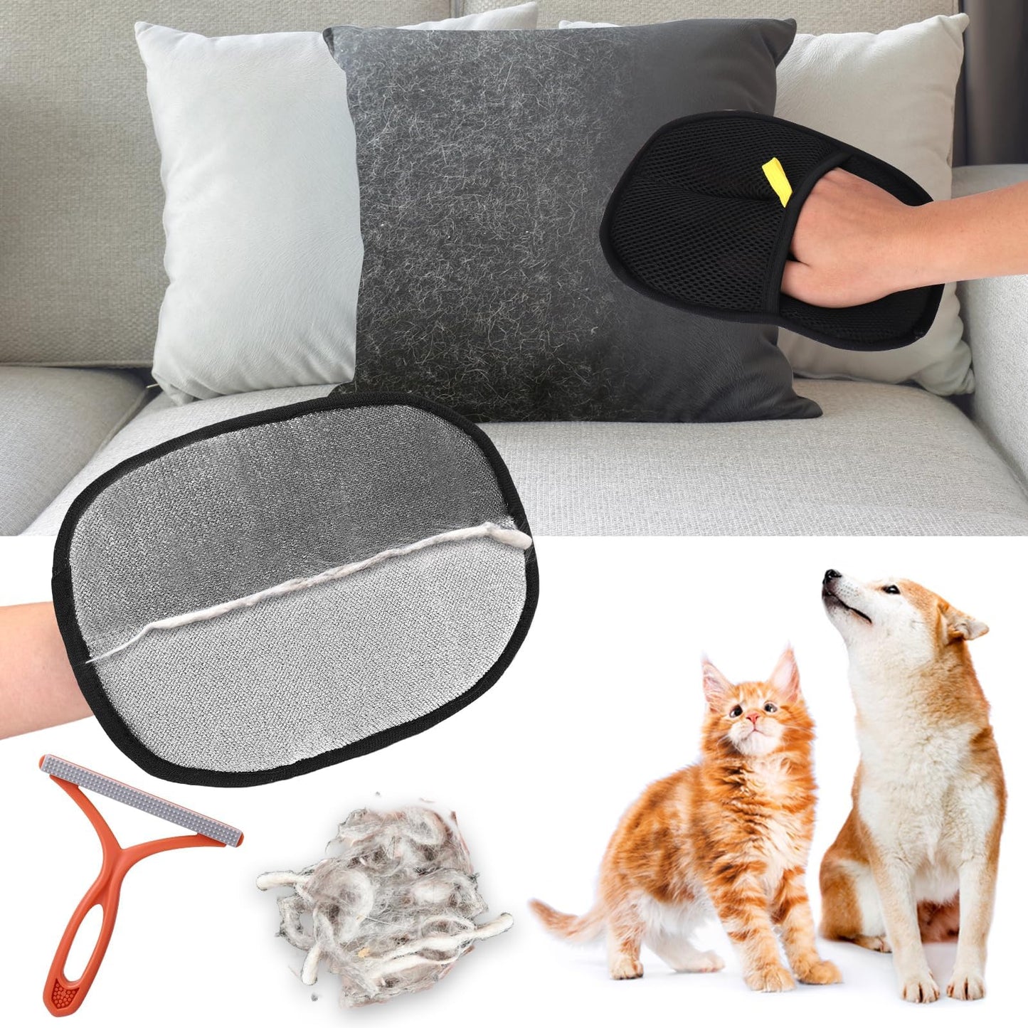 Pet grooming tool with a hand holding it, surrounded by a cat and dog on a white background.