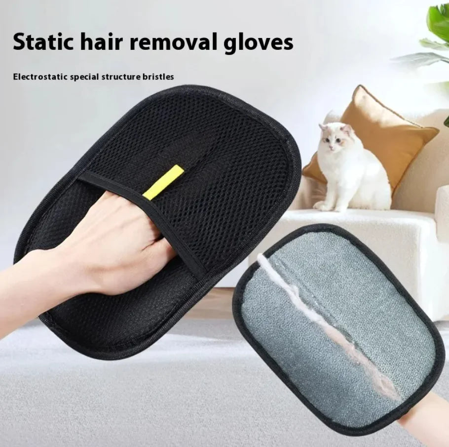 Static hair removal gloves with a cat in the background